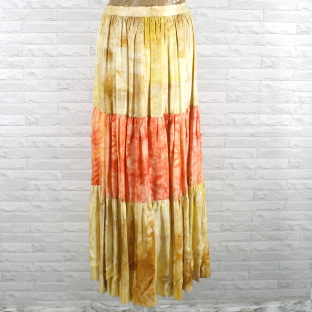 VINTAGE Handmade Skirt Tiered Festival Fashion Tie Dye Abstract Yellow Orange
